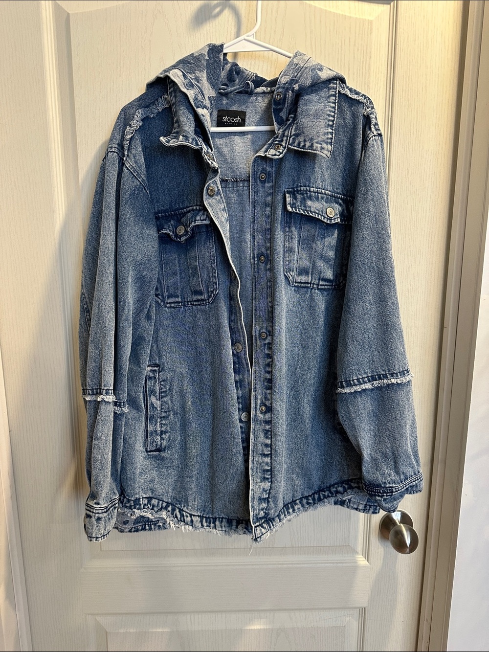 stoosh denim Shacket with camo hood & raw edge detail XL